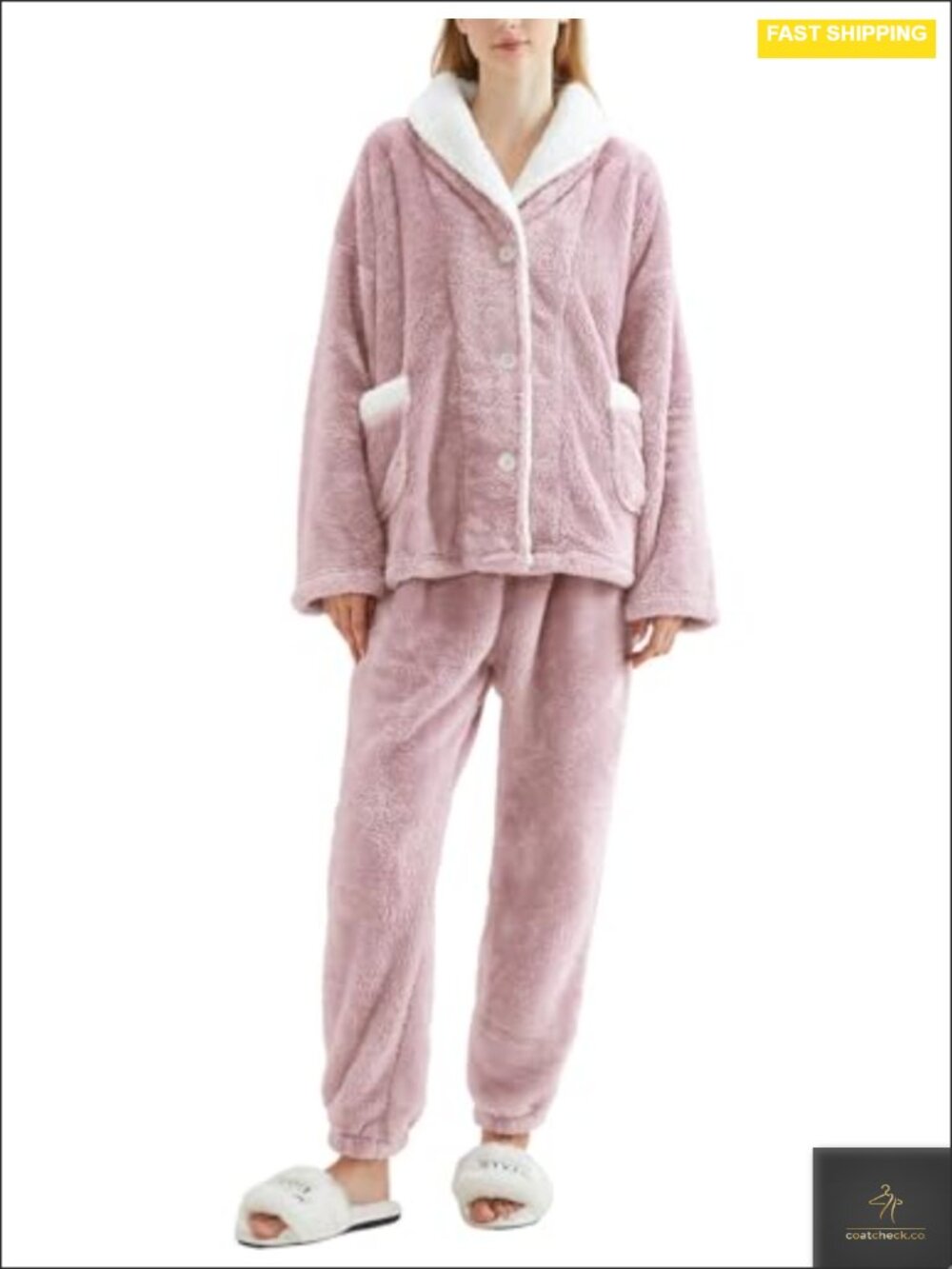 Women's Fluffy Coral Fleece Pajama Set with Button Top and Jogger Pants